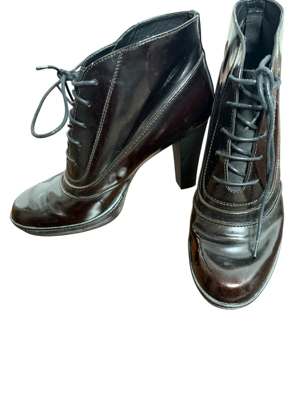 Tod’s Brown Maroon Patent Leather Oxford Ankle Bootie Heels Size 7